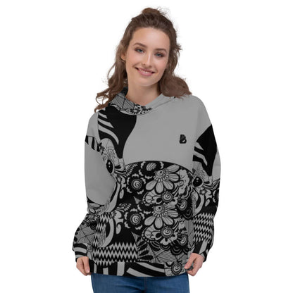 Unisex-Kapuzenpullover N°21 mit lebendigem Druck, weich innen und außen, ideal für kühle Abende, Modell zeigt lockere Passform.