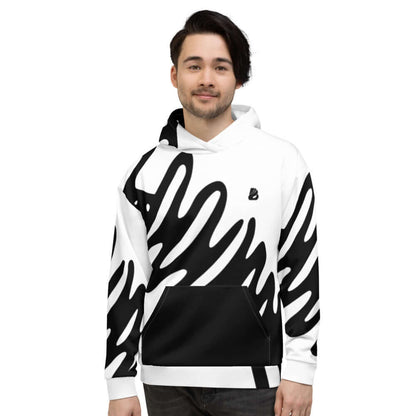 Unisex-Kapuzenpullover N°26 with bold black and white print, comfortable fit, perfect for cozy evenings, front pouch pocket, stylish design.