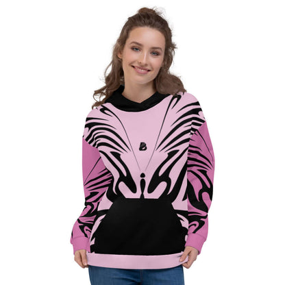 Unisex-Kapuzenpullover N°27 in pink with a bold graphic design, worn by a model, showcasing its vibrant style and comfortable fit.