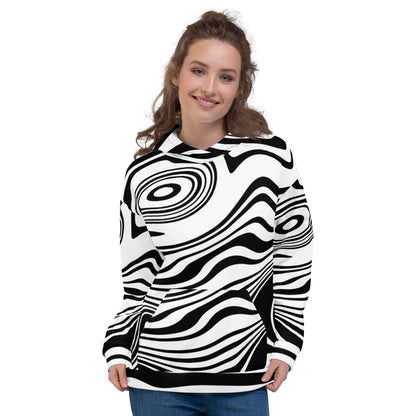 Woman wearing Unisex-Kapuzenpullover N°42 with abstract black and white pattern, showcasing the hoodie's comfortable and stylish design.