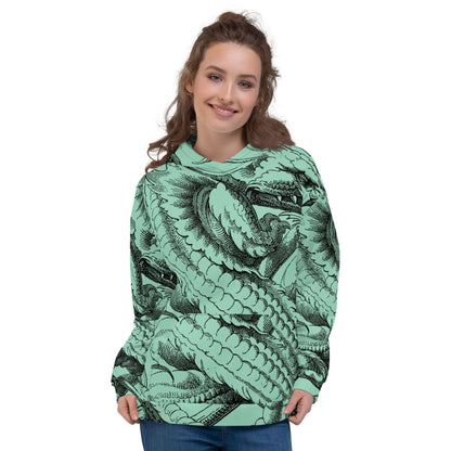 Unisex-Kapuzenpullover N°47 with dynamic dragon print, model wearing cozy hooded sweatshirt.