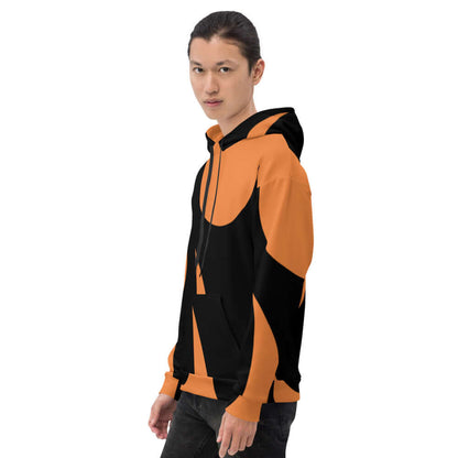 Unisex-Kapuzenpullover N°2 in vibrant print, featuring soft exterior and brushed fleece interior, worn by model with relaxed fit.