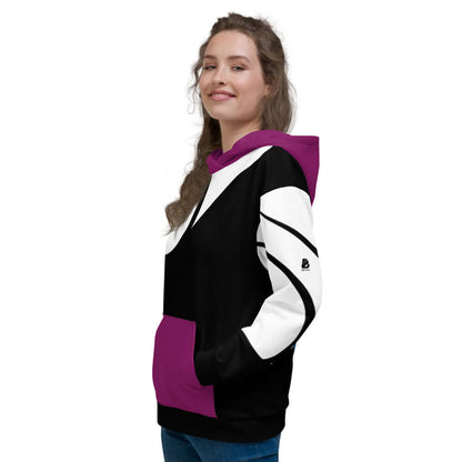Model wearing Unisex-Kapuzenpullover N°3 with colorful design, showcasing comfort and style. Perfect for cool evenings. Soft fleece inside.