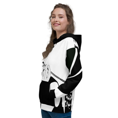 Smiling model wearing Unisex-Kapuzenpullover N°8 with vibrant print and soft interior