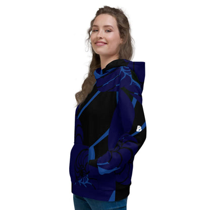 Woman wearing a colorful Unisex-Kapuzenpullover with a vibrant design. Perfect for staying cozy in soft, brushed fleece fabric.
