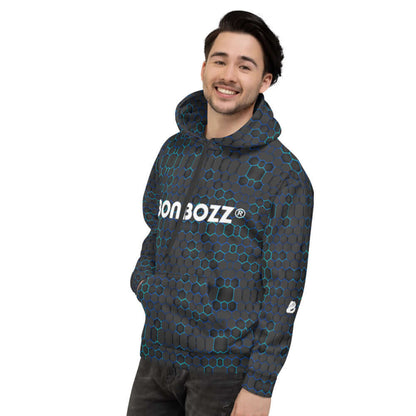 Unisex-Kapuzenpullover N°12 with vibrant print and relaxed fit, worn by model smiling in comfortable, brushed fleece hoodie.