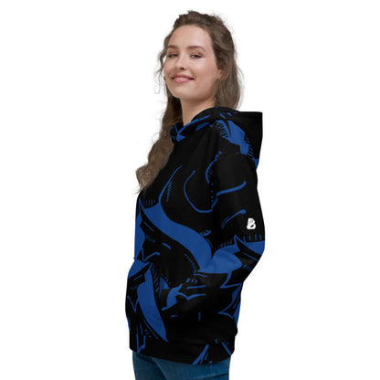 Person wearing Unisex-Kapuzenpullover N°14 in black and blue, featuring vibrant print and soft fleece interior.