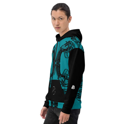 Young man wearing Unisex-Kapuzenpullover N°20 with vibrant design and loose fit, perfect for cool evenings.