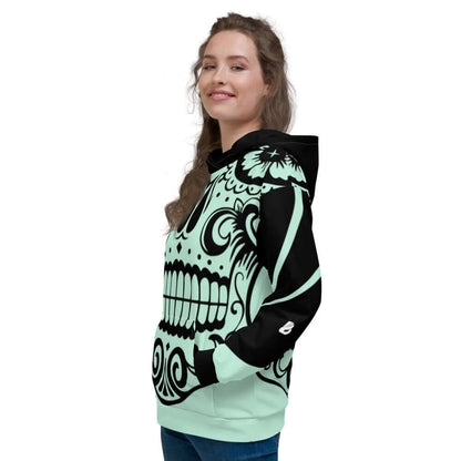 Model wearing Unisex-Kapuzenpullover N°23 with artistic print, side view of soft and cozy hoodie designed for comfort and style.