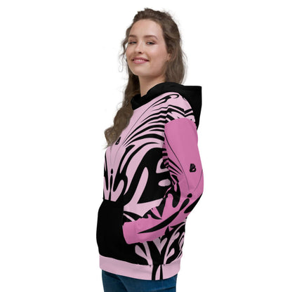 Unisex-Kapuzenpullover N°27 with vibrant print, soft fabric exterior, and brushed fleece interior, worn by a woman, showcasing comfy style.