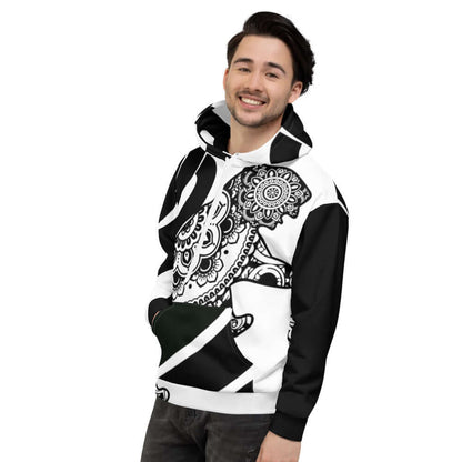 Person wearing Unisex-Kapuzenpullover N°31 with black and white pattern, showing front view.