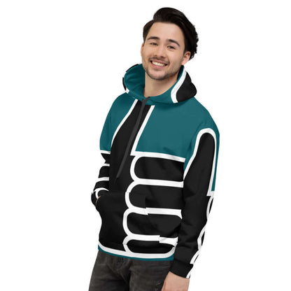 Smiling person wearing Unisex-Kapuzenpullover N°36 with vibrant design and soft fabric, showcasing comfortable and stylish fit.