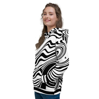 Unisex-Kapuzenpullover N°42 with abstract black and white pattern, worn by a person smiling, showcasing soft and comfortable fabric.