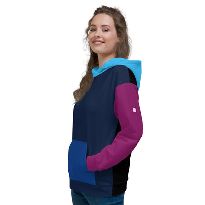 Woman wearing stylish Unisex-Kapuzenpullover N°43 with colorful design, featuring a soft and comfortable fit, perfect for cool evenings.