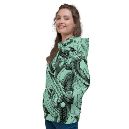 Woman wearing Unisex-Kapuzenpullover N°47 with vibrant dragon print, showcasing soft, brushed fleece interior, perfect for cool evenings.