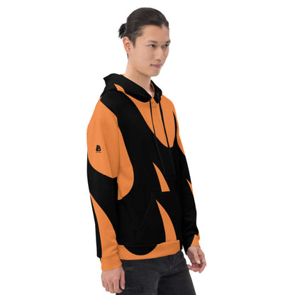 Unisex-Kapuzenpullover N°2 in vibrant orange and black design, featuring a soft exterior and brushed fleece interior.