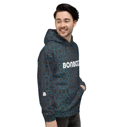 Person wearing Unisex-Kapuzenpullover N°12 with vibrant print and soft fleece, showcasing casual style perfect for cool evenings.
