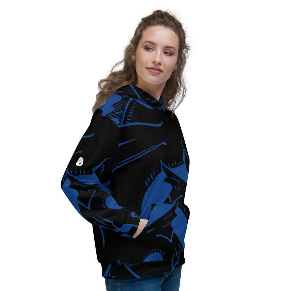Unisex black hooded sweatshirt with blue vibrant print, perfect for cool evenings.