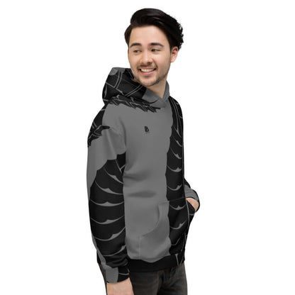 Model wearing Unisex-Kapuzenpullover N°15 with unique pattern and soft fabric.