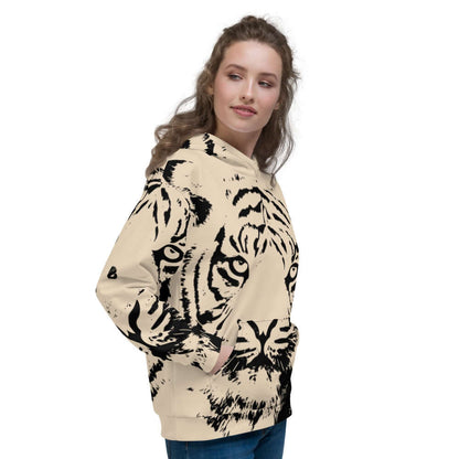 Woman wearing Unisex-Kapuzenpullover N°19 with tiger print design, soft fabric, relaxed fit, perfect for cool evenings.