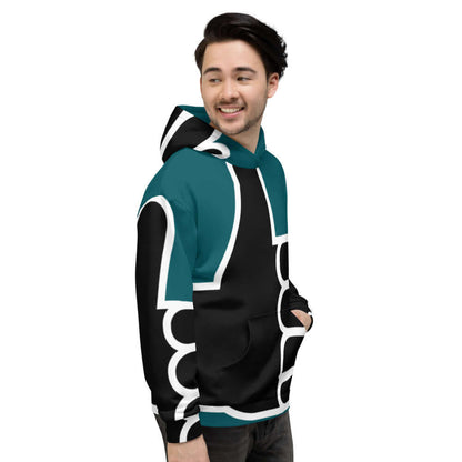 Unisex-Kapuzenpullover N°36 in vibrant print, soft interior, worn by a smiling model, perfect for cool evenings. Polyester blend.