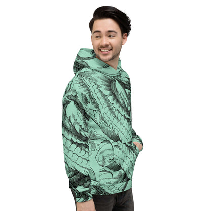 Person wearing Unisex-Kapuzenpullover N°47 with vibrant print and relaxed fit, perfect for cozy evenings.