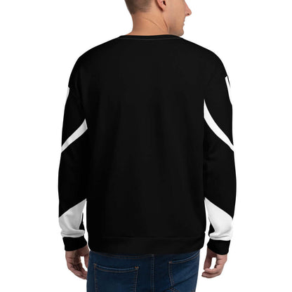 Back view of Unisex Sweatshirt N°0 with black and white design, showcasing soft brushed fleece inside and cotton-feel face.
