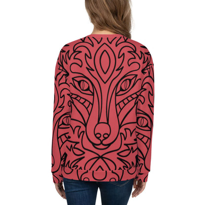 Unisex-Pullover N°16 with intricate black pattern on red background, made from durable polyester, cotton, and elastane blend.