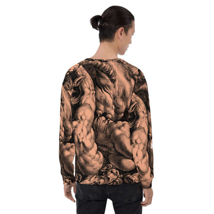 Unisex-Pullover N°17 with intricate print design, rear view showcasing detailed artwork, made of durable material with a soft fleece inside.