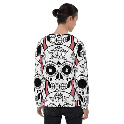 Unisex-Pullover N°19 with unique all-over skull pattern, durable material, cotton feel, brushed fleece, back view on model.