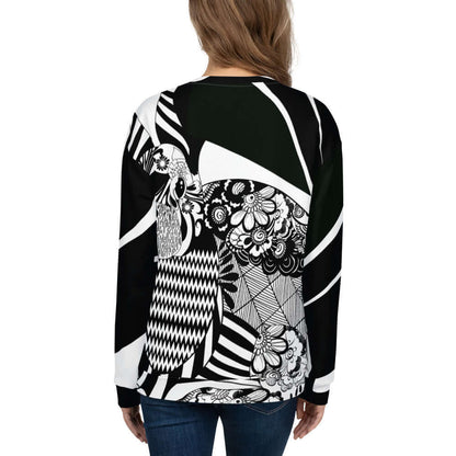 Rear view of black and white patterned Unisex-Pullover N°21, precisely cut and hand-sewn, featuring durable fabric with soft fleece lining.