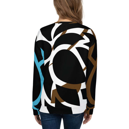 Back view of Unisex-Pullover N°23 with abstract pattern, showcasing unique hand-sewn design and soft fleece material.