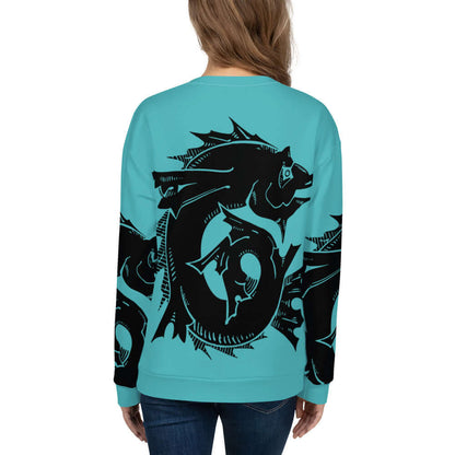 Unisex-Pullover N°25 with black fish design on blue, featuring hand-sewn precision and durable, soft fleece.
