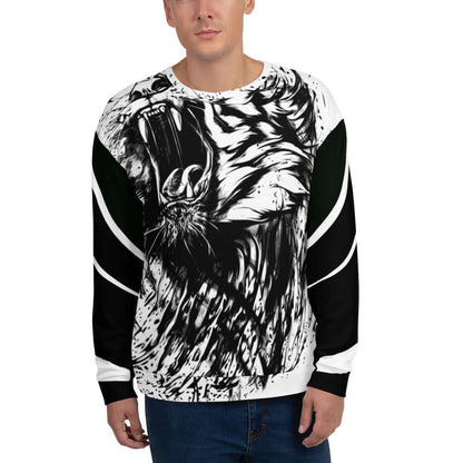 Unisex Sweatshirt N°0 with intricate black and white design, soft cotton-feel face, and brushed fleece interior.