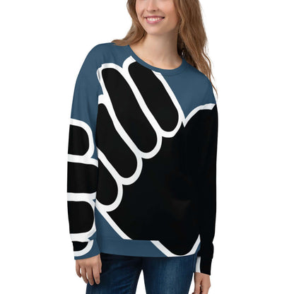 Unisex-Pullover N°6 with unique intricate design, cotton-feel fabric, worn by a woman, perfect for any season.