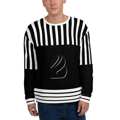 Model wearing Unisex-Pullover N°15 with black and white striped design, crafted from soft polyester and cotton blend fabric.