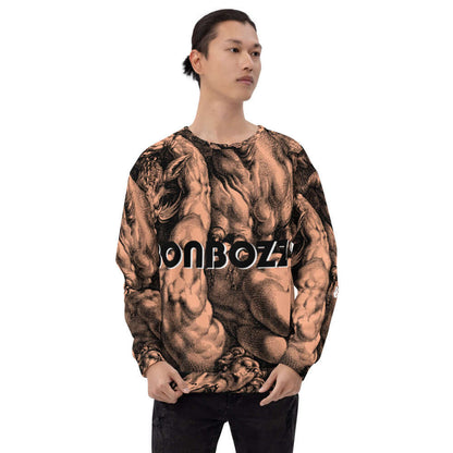 Person wearing Unisex-Pullover N°17 with intricate print, featuring soft fleece material and precise handmade design.