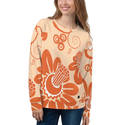Model wearing Unisex-Pullover N°20 with vibrant orange floral design, highlighting unique pattern and comfort fabric.