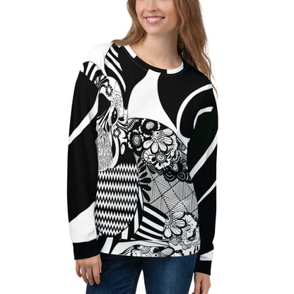 Stylish Unisex-Pullover N°21 with unique black and white pattern, featuring durable polyester and soft fleece for comfort and longevity.