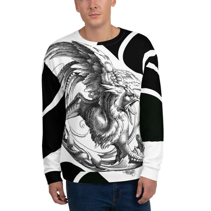 Unisex-Pullover N°22, komplett bedruckt, schwarz-weißer kunstvoller Greif-Print, robuste Materials Mischung, präzise genäht.