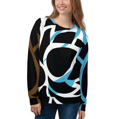 Unisex-Pullover N°23 with intricate abstract design, comfortable cotton-feel fabric, worn by model. Ideal for stylish and lasting wear.