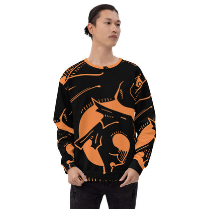 Model wearing Unisex-Pullover N°24 with unique black and orange design, showcasing handcrafted precision and comfortable fleece fabric.