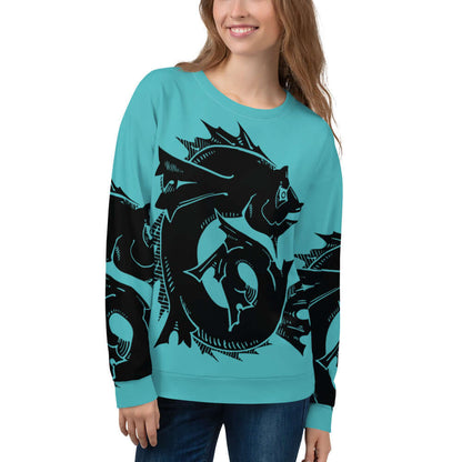 Unisex-Pullover N°25 with vibrant full-print oceanic design and soft fleece, worn by smiling woman. High-quality durable fabric.