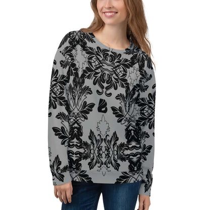 Unisex-Pullover N°28 with intricate black design, worn by a person, showcasing quality fabric and detail, perfect for long-lasting wear.