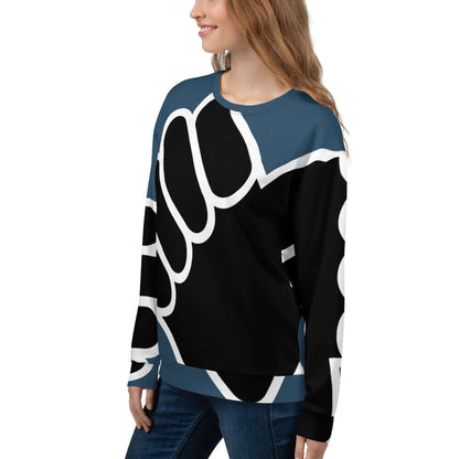 Model wearing Unisex-Pullover N°6 with unique full print design, highlighting soft cotton-feel fabric and brushed fleece.
