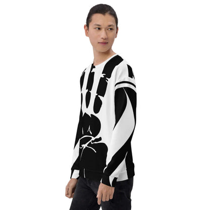 Model wearing Unisex-Pullover N°8 with bold black and white design, featuring soft fleece and cotton-feel material for ultimate comfort.