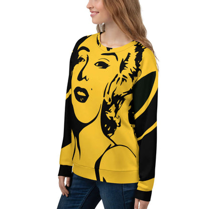 Vibrant yellow Unisex-Pullover N°10 with artistic print, designed for comfort with soft fleece and a cotton-like feel.