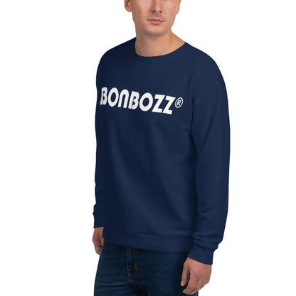 Man wearing navy blue Bonbozz branded unisex pullover with long sleeves, highlighting modern casual fashion.