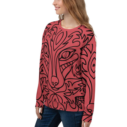 Model wearing Unisex-Pullover N°16, showcasing unique full-print design, handcrafted for style and comfort. Made with polyester, cotton, and elastane.