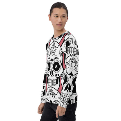 Model wearing Unisex-Pullover N°19 with intricate skull pattern and color accents, highlighting unique all-over print and comfort fabric.